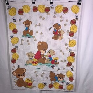 VTG Precious Moments Honey Bear Quilted Blanket Double Sided 34x45 Crib Baby